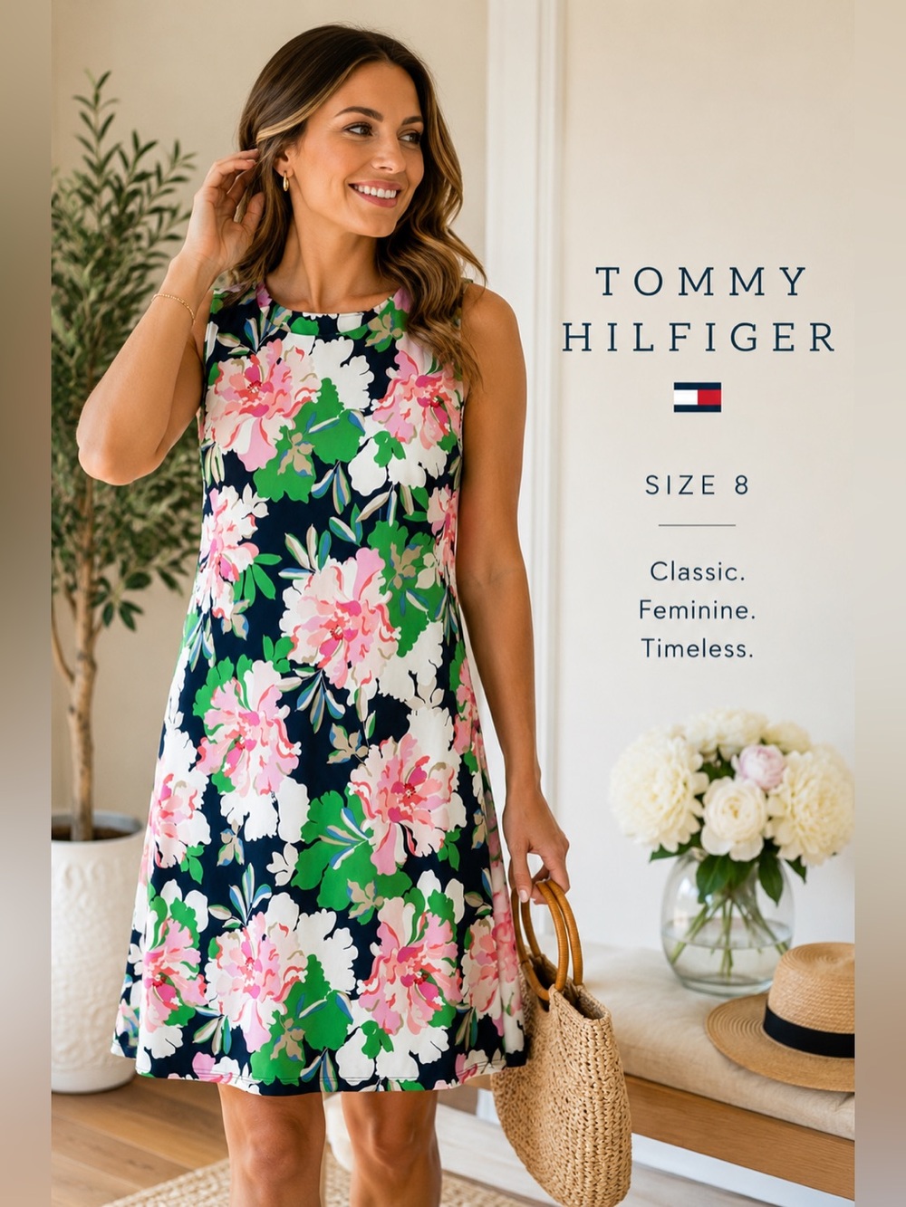 Tommy Hilfiger Floral Sleeveless Shift Dress Size 8 Navy Pink Green Peony Print